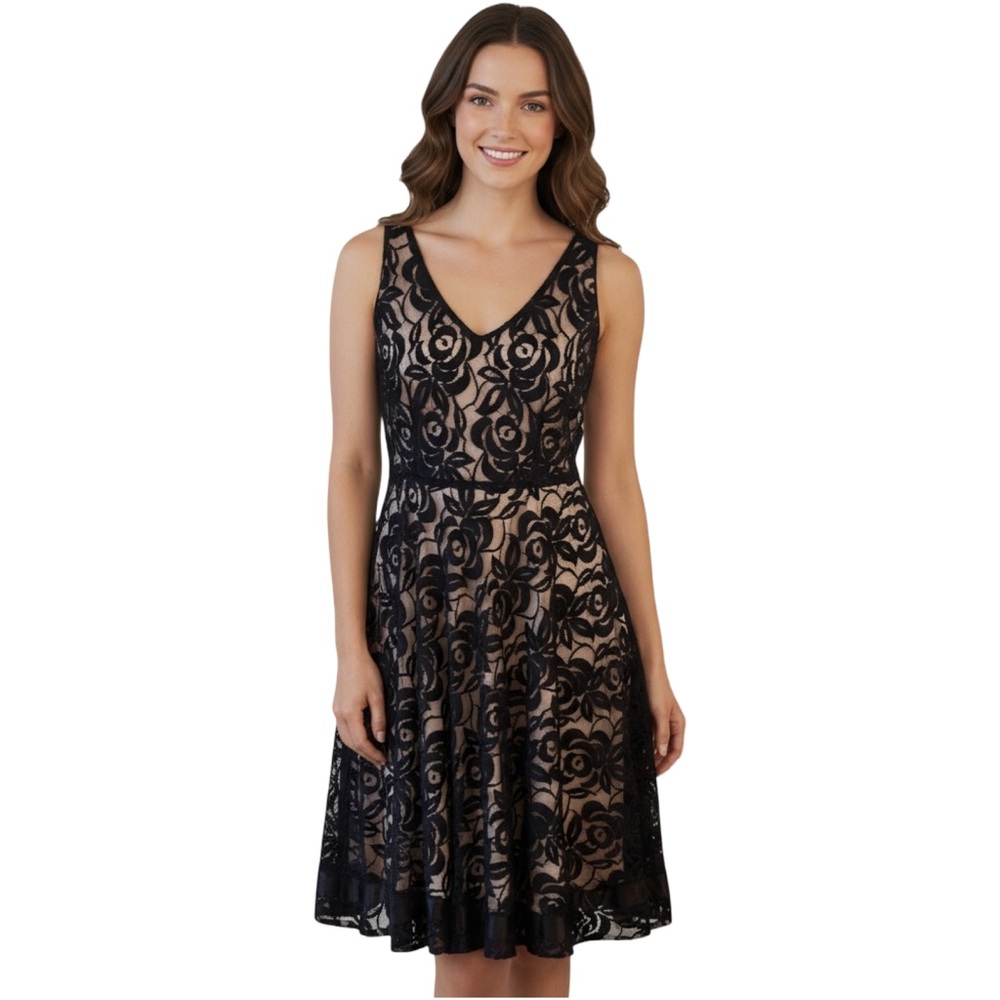 Tahari Fit & Flare Black Lace Sleeveless Overlay V Neck Dress Size 6